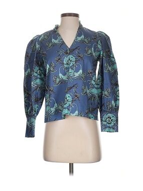 Rare Emily McCarthy Savannah Statement Puff Sleeve V-Neck Blouse Blue Floral XS